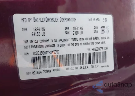 2000 Chrysler Cirrus Lxi from USA, damaged, VIN 1C3EJ56H4YN245352